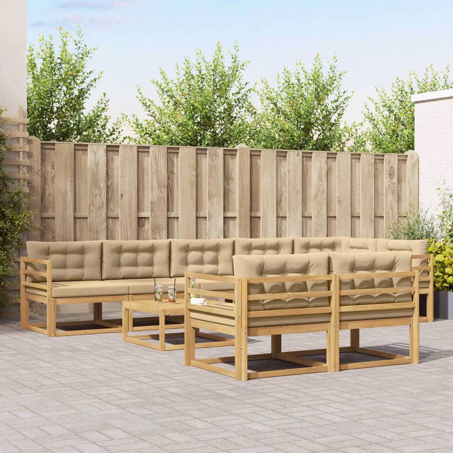 Set di divani da esterno vidaXL a forma di U composto da 9 pezzi con tavolino da caffè, struttura in legno di acacia e cuscini in poliestere bianco e beige