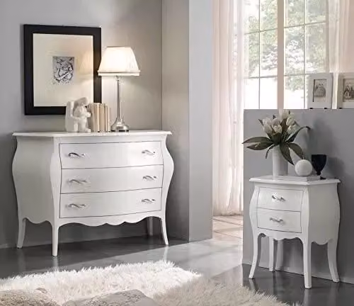 Set da camera da letto Mobili 2G composto da una cassettiera e due comodini sagomati in stile shabby chic bianco