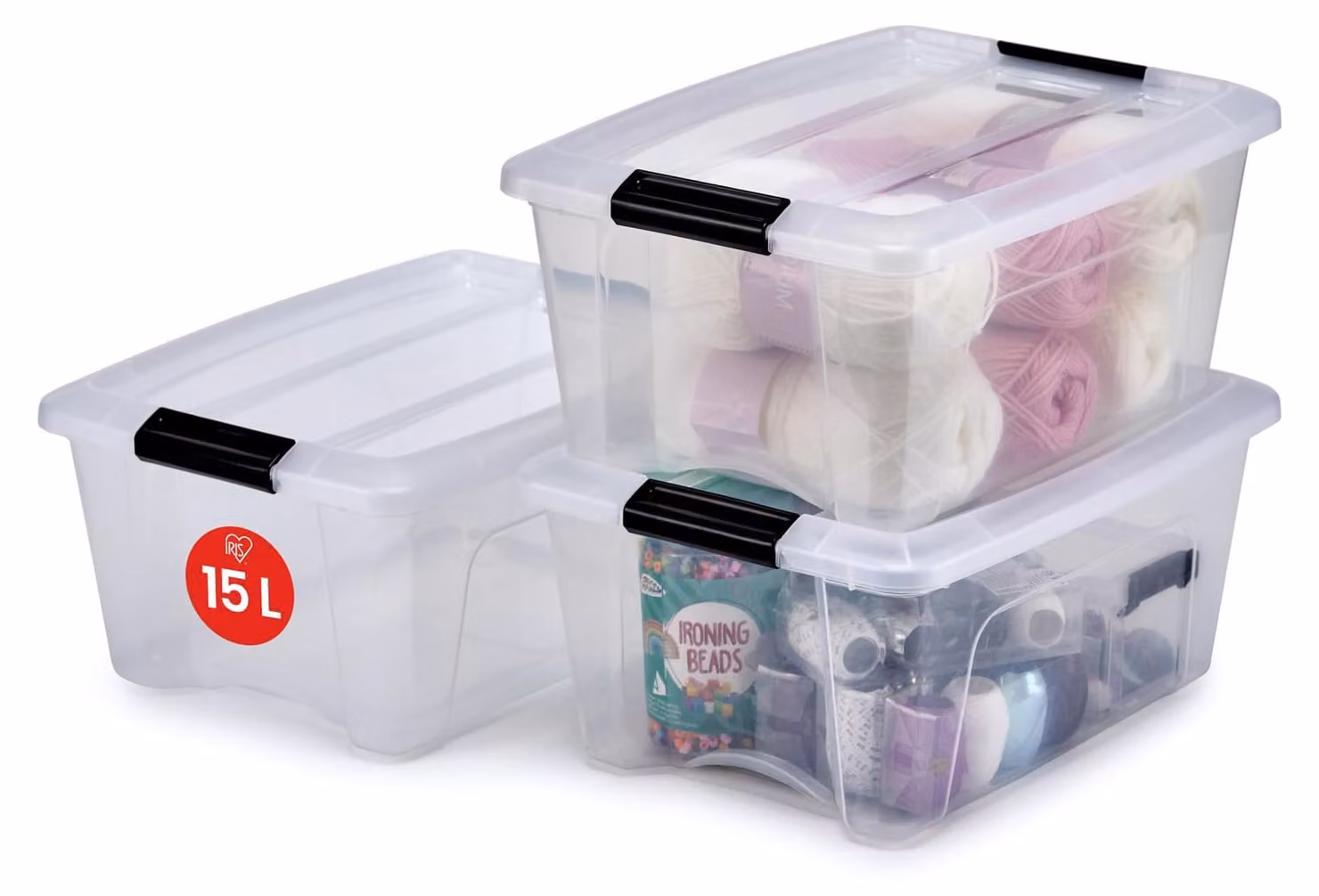 Contenitori di stoccaggio Iris Ohyama con coperchio, capacità 15 litri, set da 3, trasparenti, con sistema di chiusura sicuro