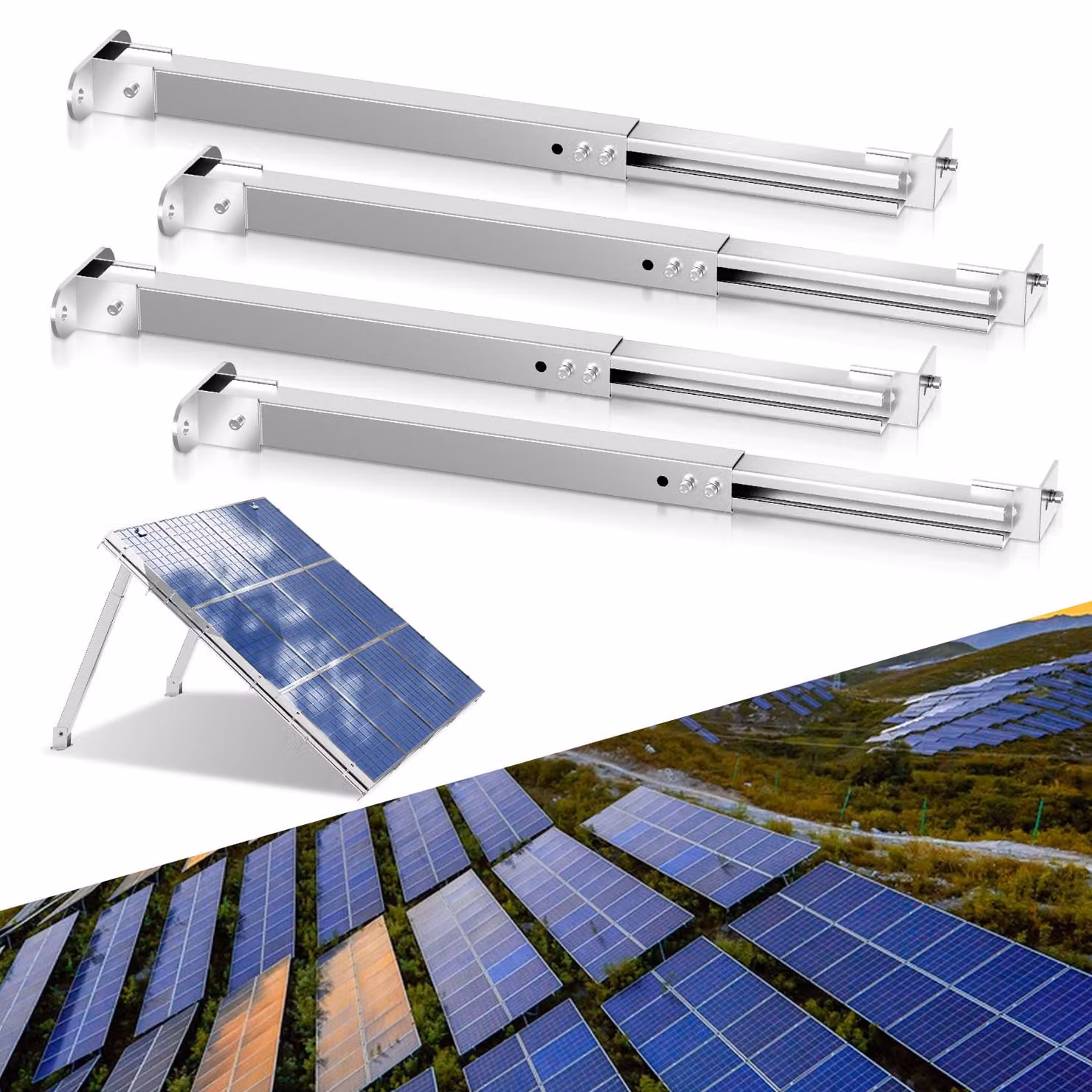 Ikodm, set di 2 supporti per pannelli solari, 4 pezzi, regolabili da 38 a 68 cm, realizzati in alluminio 6063, con angolo di inclinazione regolabile da 0 a 60°, colore argento, adatti per moduli da 50 a 190 W, ideali per tetti piani e balconi