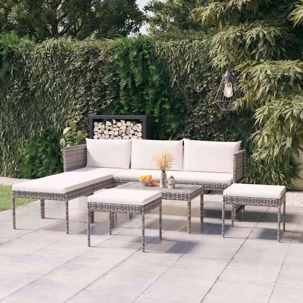 Set di divani da giardino vidaXL in rattan grigio con cuscini e tavolino da esterno 6 pezzi