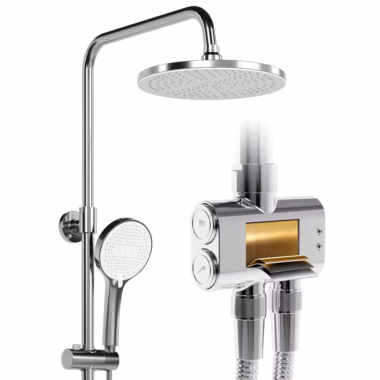 HOROW Set doccia, soffione 5 modalità, set doccia a pioggia cromato con nucleo valvola in ottone, regolabile in altezza, grande soffione rotondo da 25 cm