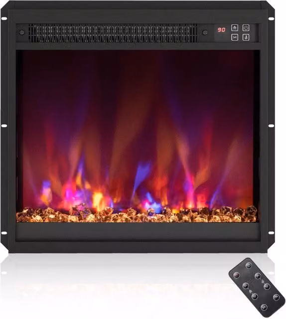 Camino elettrico da incasso Design Mania con fiamma regolabile, letto di brace e telecomando, 1500W, Nero