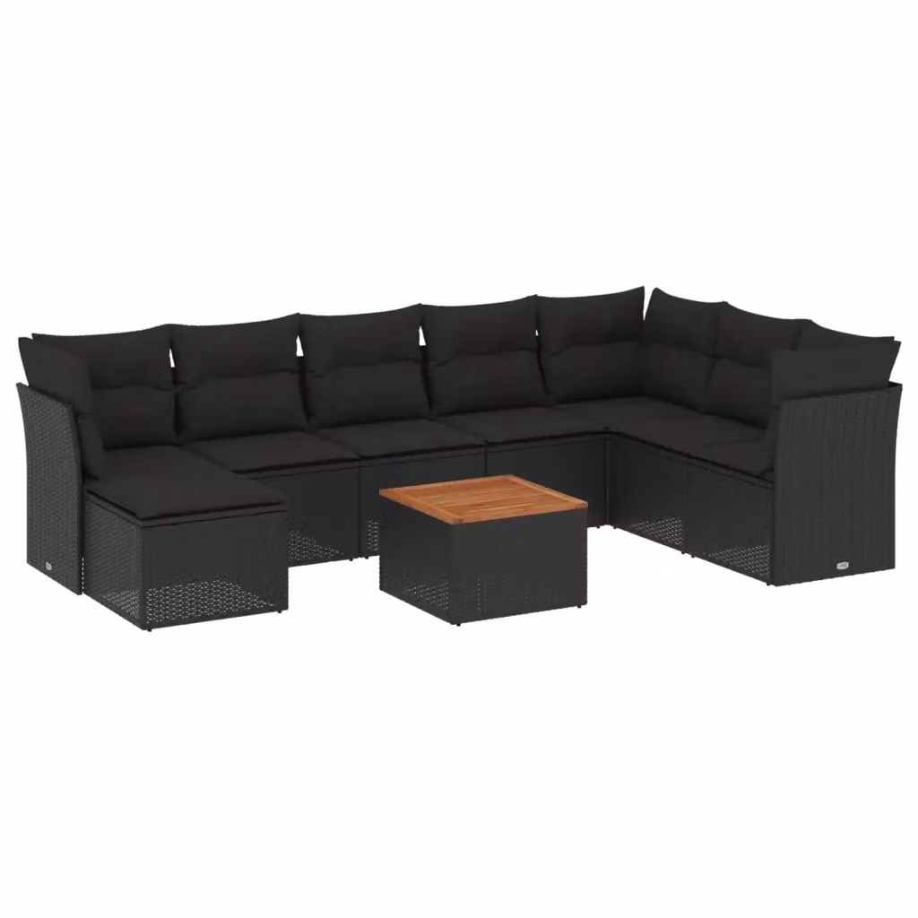 Set di divani da giardino vidaXL in polyrattan nero e marrone con cuscini, tavolino e pouf, design moderno a forma di L per esterno – 2
