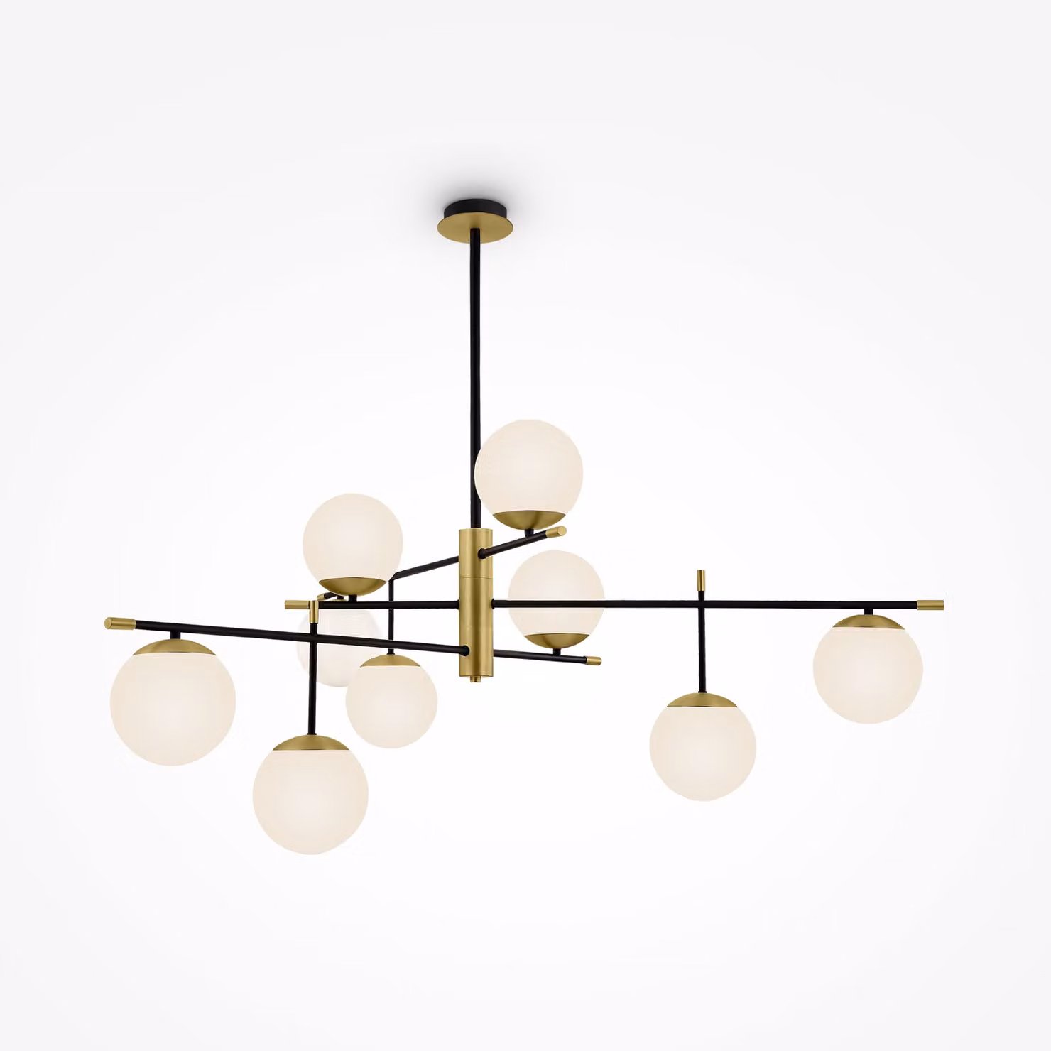 Lampadario Contemporanea Nostalgia Metallo Oro Opaco 9 Luci Diffusori Bianchi