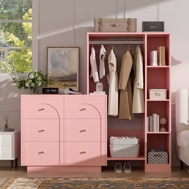 Guardaroba aperto Mivray rosa con appendiabiti, 6 cassetti e ripiani laterali, L: 139 cm, P: 35 cm, H: 133 cm