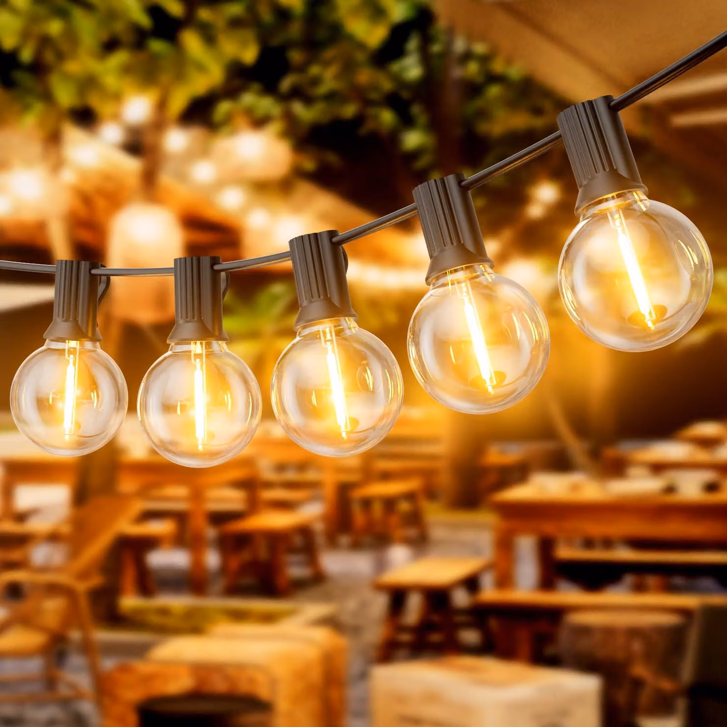 Catena luminosa da 30 metri, con lampadine LED G40, grado di protezione IP45, luce bianco caldo, per uso esterno