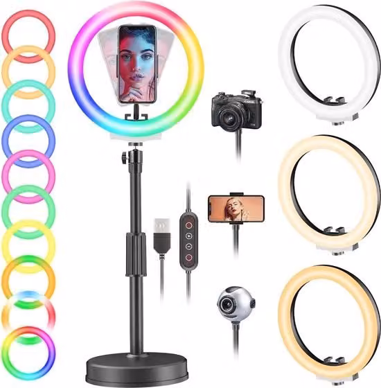 Lampada Ring Light LED da Tavolo con Supporto per Telefono, 25,4 cm, Multicolore RGB, Nero e Bianco