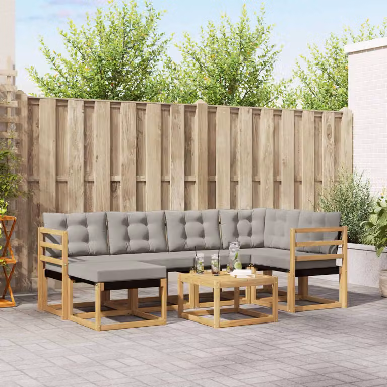 vidaXL Set di divani da esterno moderno a L composto da 7 pezzi con tavolo da caffè, pouf e cuscini in tessuto textilene, struttura in legno di acacia, Bianco e Grigio