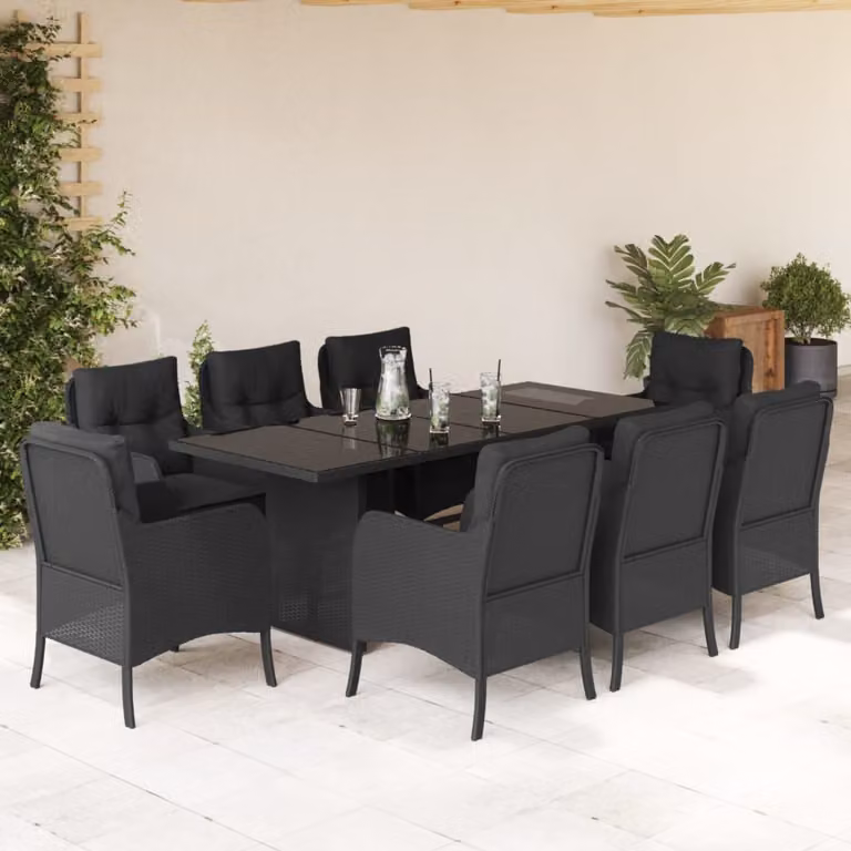 Set da Pranzo da Giardino vidaXL in Polyrattan Nero con Cuscini e Tavolo in Vetro, 9 Pezzi