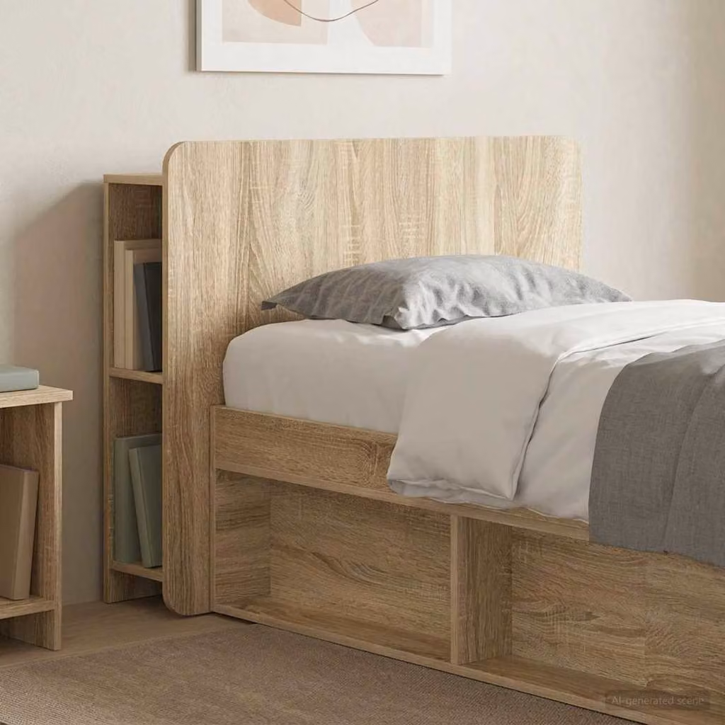 Testata del letto vidaXL in legno ingegnerizzato Rovere Sonoma con ripiano integrato e scomparti laterali, marrone, L: 119,5 cm, H: 80 cm, P: 18,5 cm