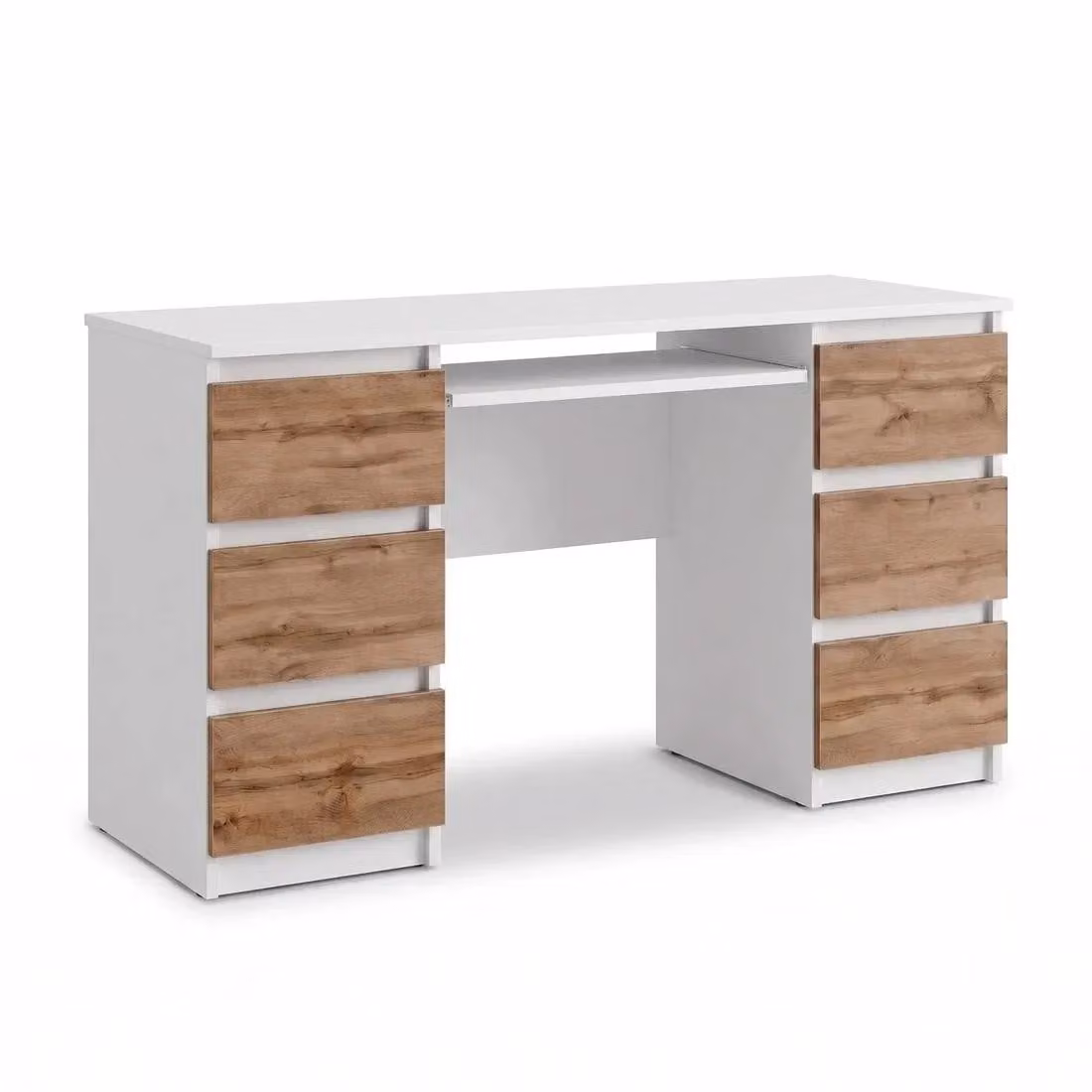 Scrivania CUBA Bianco Opaco / Rovere Wotan – Scrivania Porta PC con 6 Cassetti e Ripiano Tastiera Estraibile, L130 x H78 x P50 cm