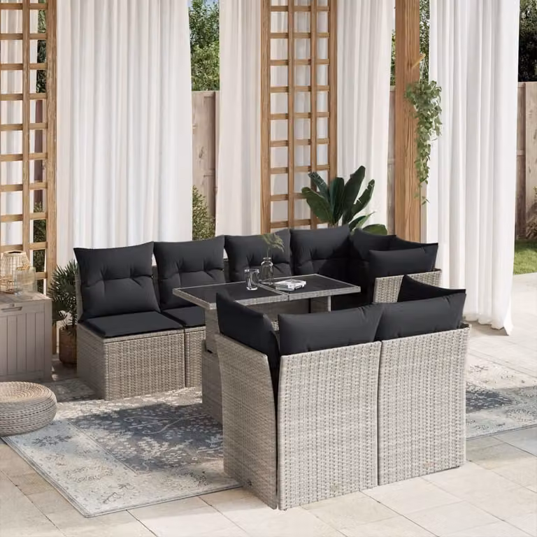 vidaXL Set Divano da Giardino 8pz a Forma di L con Cuscini Antracite e Tavolino in Vetro