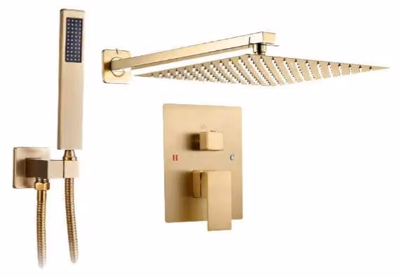 Set di rubinetteria per doccia, soffione a mano, sistema doccia a pioggia, finitura oro, forma quadrata, diametro 10 pollici