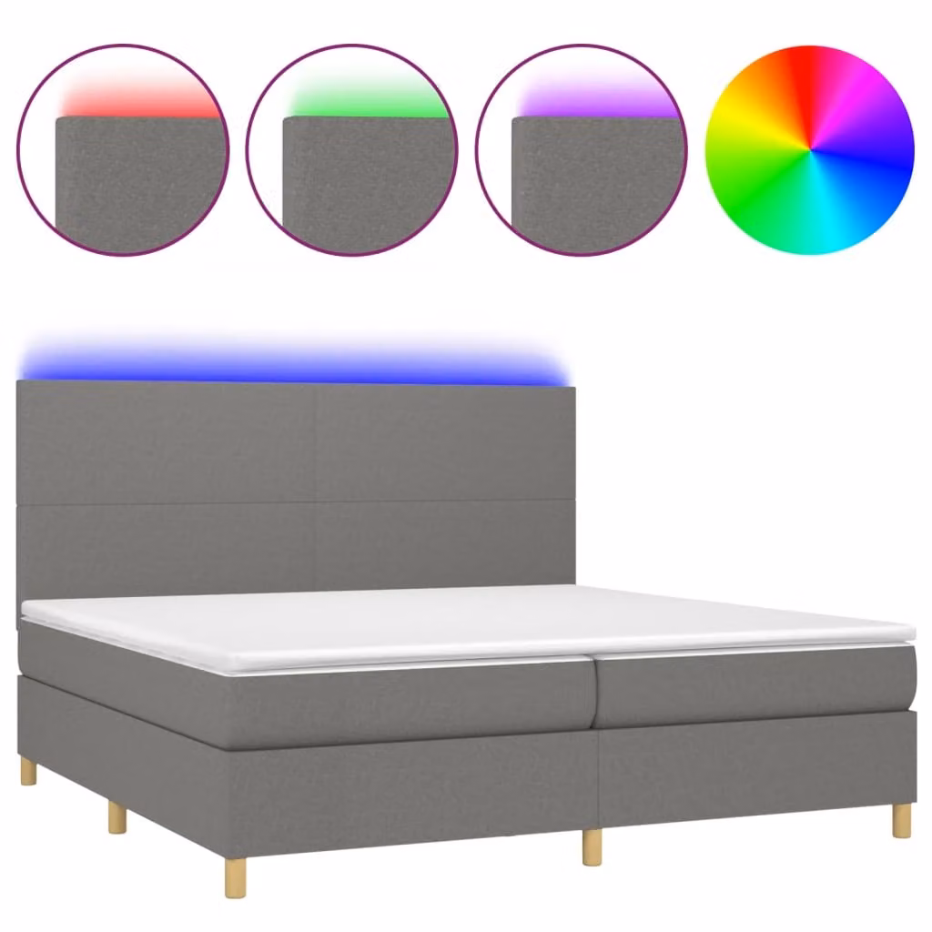 Letto a Molle Materasso e LED Grigio Scuro 200x200cm in Tessuto