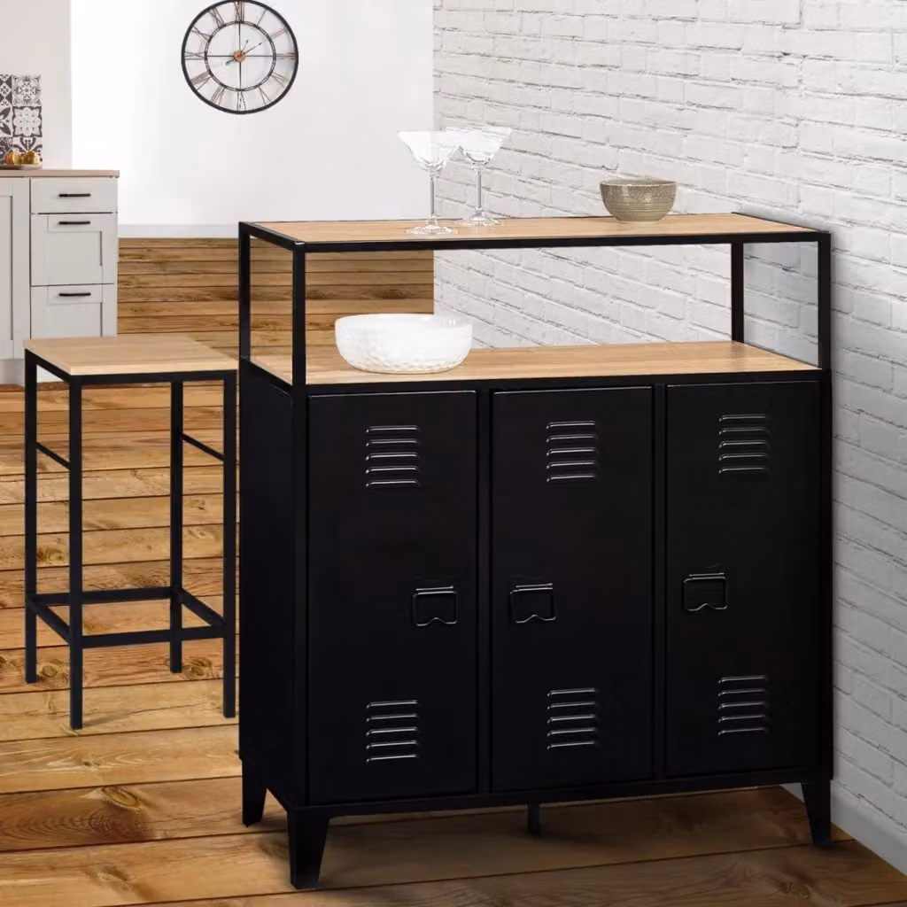 Buffet da bar IDMarket in stile industrial con 3 ante in metallo nero e piano in faggio – 2