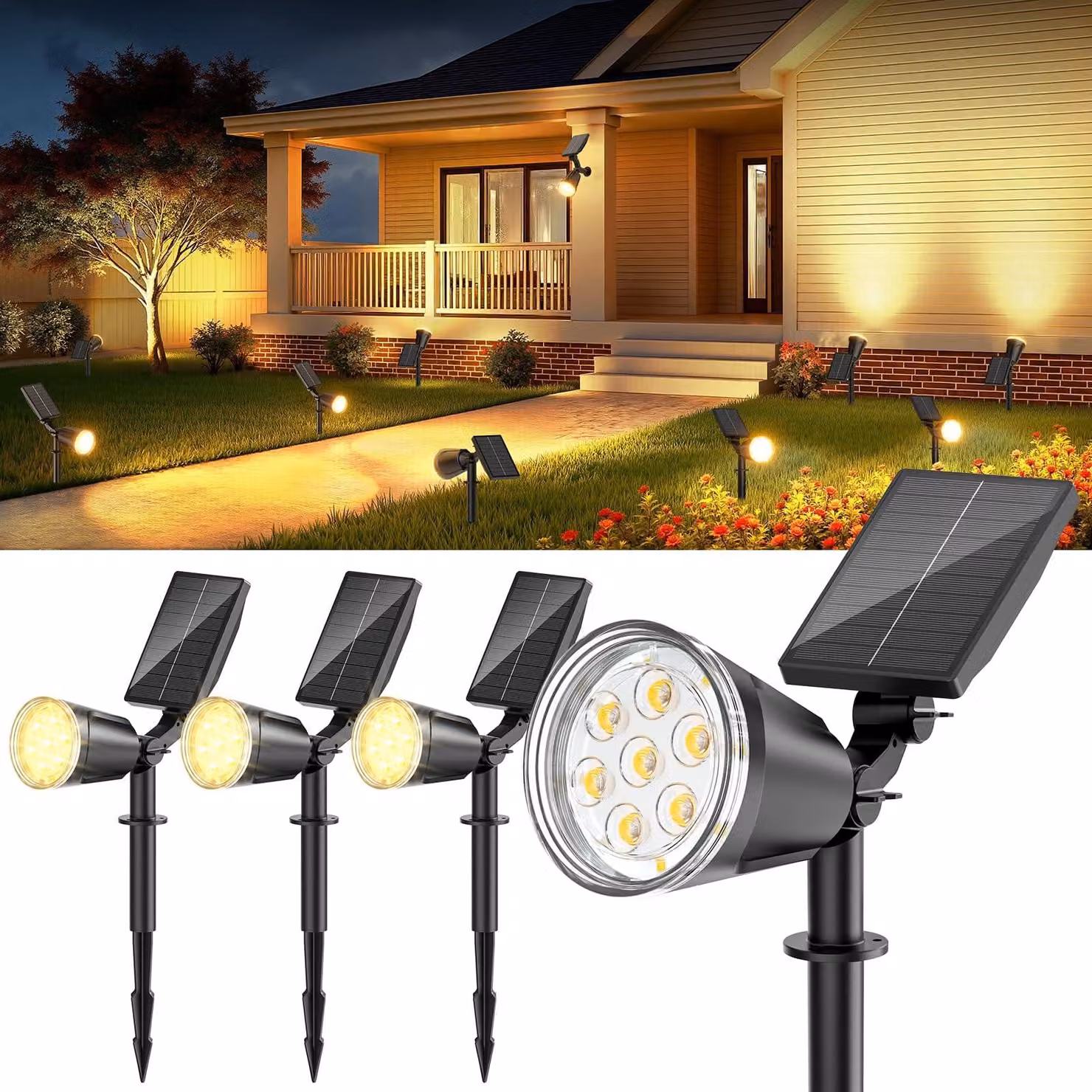 Set di 4 luci da giardino solari, con 7 LED, luce calda da 3000 K, grado di protezione IP65