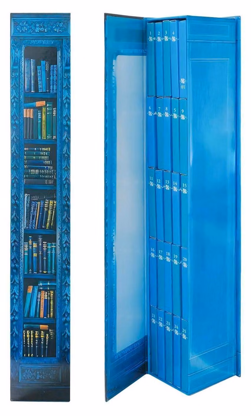 Calendario dell'Avvento 2026 a tema libri, con 25 libri, colore blu, decorazione