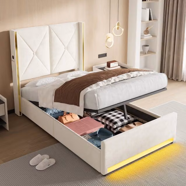 Letto in velluto con testiera alta imbottita, tasche laterali, porte USB/Type-C, luce LED e ampio vano contenitore 90x200 cm
