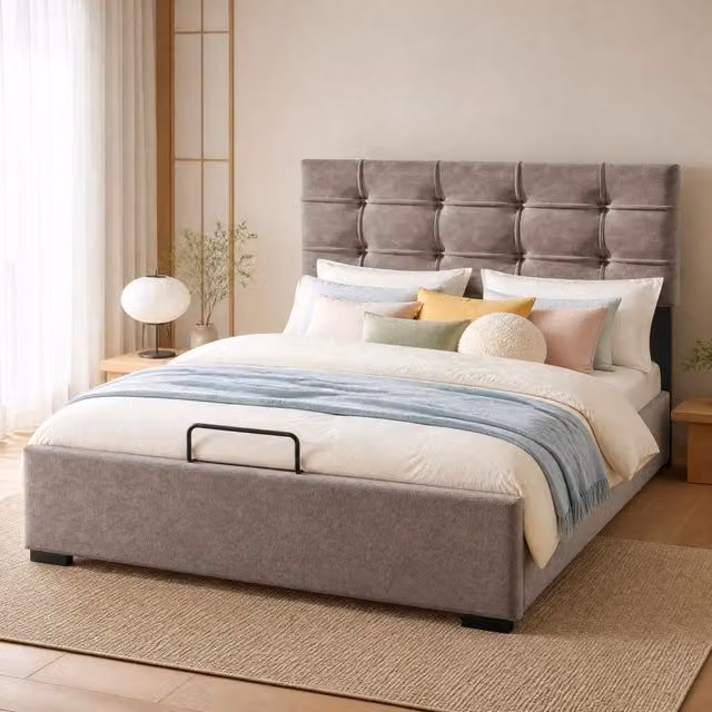 Letto singolo imbottito 90x200 cm con testiera regolabile, telaio in metallo e velluto grigio chiaro con contenitore e rete a doghe idraulica