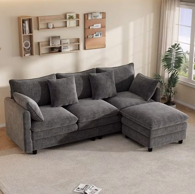 Divano angolare 3 posti con chaise longue reversibile in ciniglia grigio; 212×150×90 cm