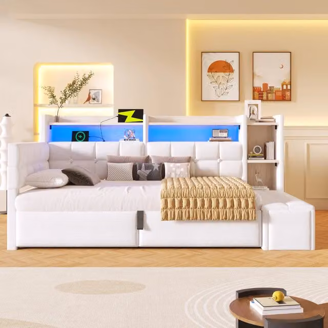 Letto da giorno 90x200 cm in velluto con accumulo idraulico LED e USB-C - Bianco