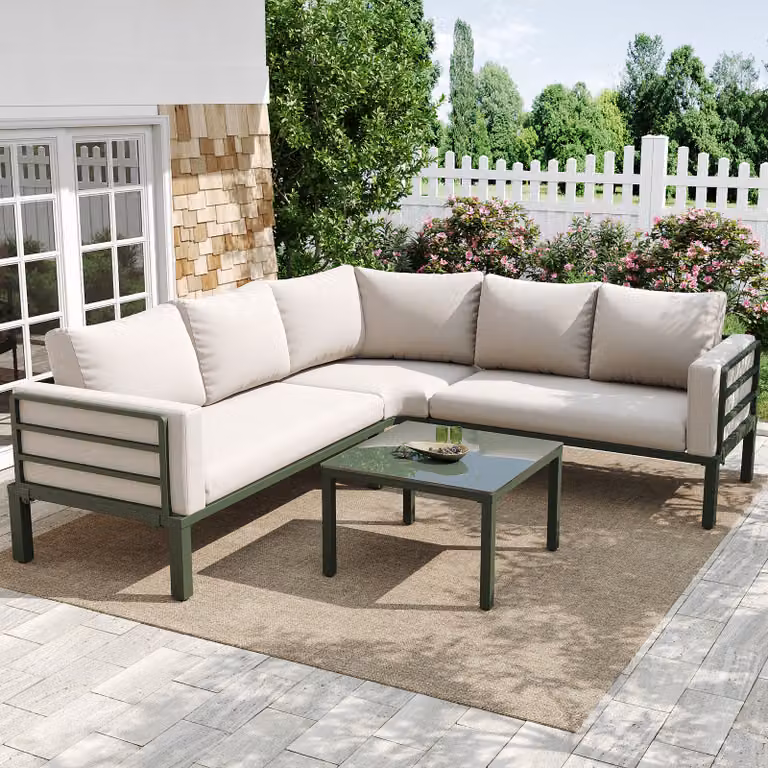 Set da salotto da giardino MERAX per 4-5 persone, 4 pezzi, mobili da giardino con tavolino, vetro temperato e struttura in ferro zincato, beige