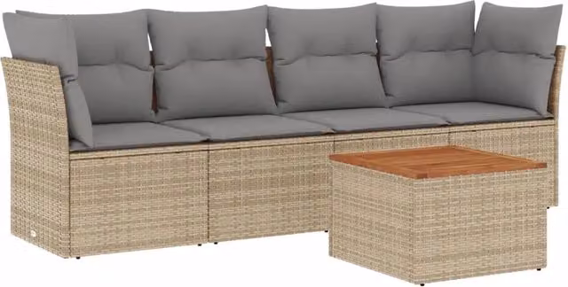 Set Divano da Giardino 5 pz | Set Salotto da Giardino con Cuscini Beige in Polyrattan