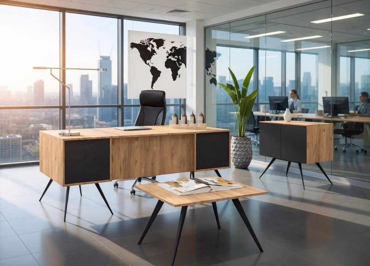Elegante set da ufficio composto da scrivania, credenza e tavolino da salotto