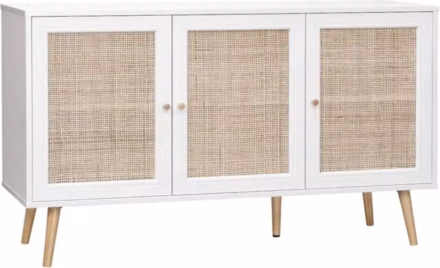 Credenza Sweeek in legno e rattan con design boho, colore bianco, L: 120 cm, H: 70 cm – 1