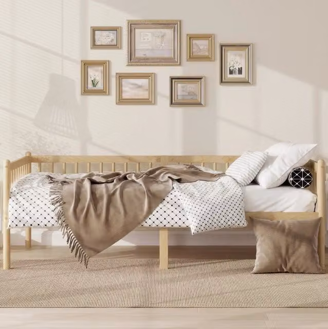 Letto da giorno in legno di pino naturale marrone con sponde a tre lati L/P/H: 200 x 90 x 120 cm