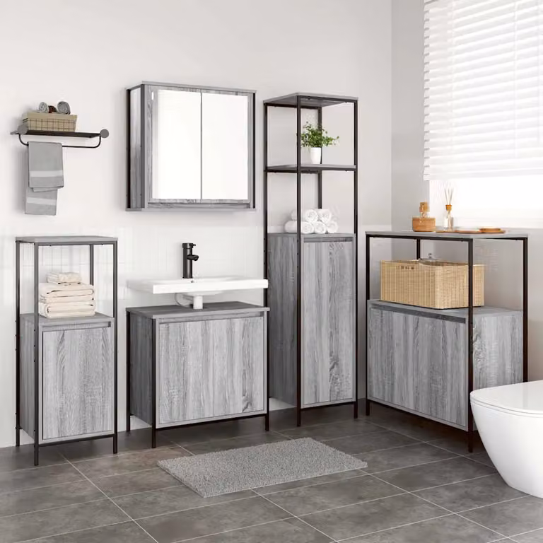 vidaXL Set di mobili per il bagno moderno in 5 pezzi Grigio e Nero con mobile lavabo e pensili a muro