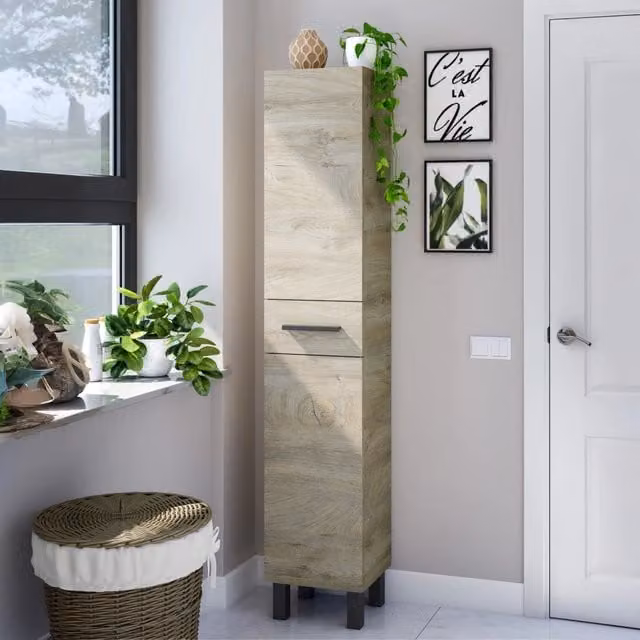 Mobile Colonna DMORA con Cassetto e Ante, Marrone Rovere e Grigio, L: 35 cm, P: 31 cm, H: 182 cm – 1