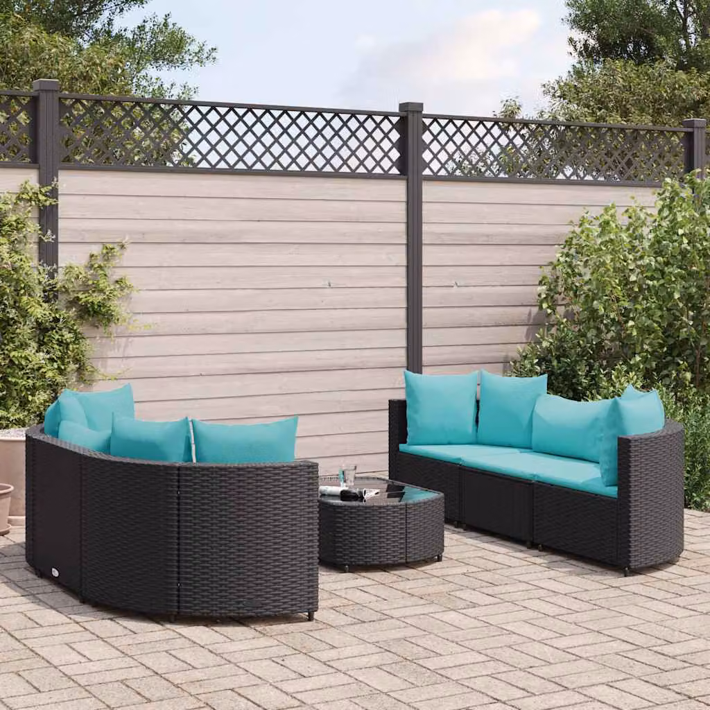 Set Divani da Giardino vidaXL a Forma di L con Cuscini e Tavolino, Struttura in Metallo e Polyrattan, Colore Nero e Blu – 1