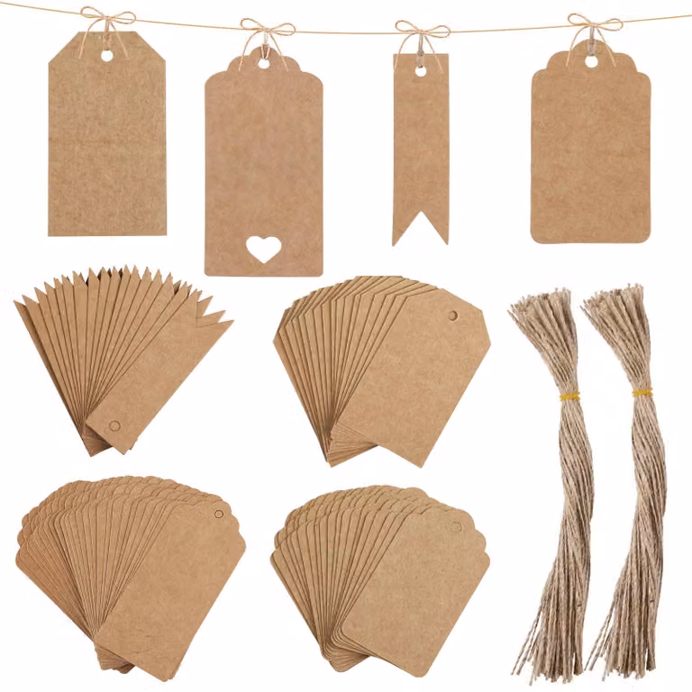 120 etichette regalo in carta kraft con corda di iuta, 4 forme, ideali per progetti fai-da-te
