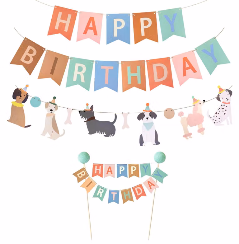 Set di festoni per compleanno con motivo canino, composto da 3 pezzi, colorati