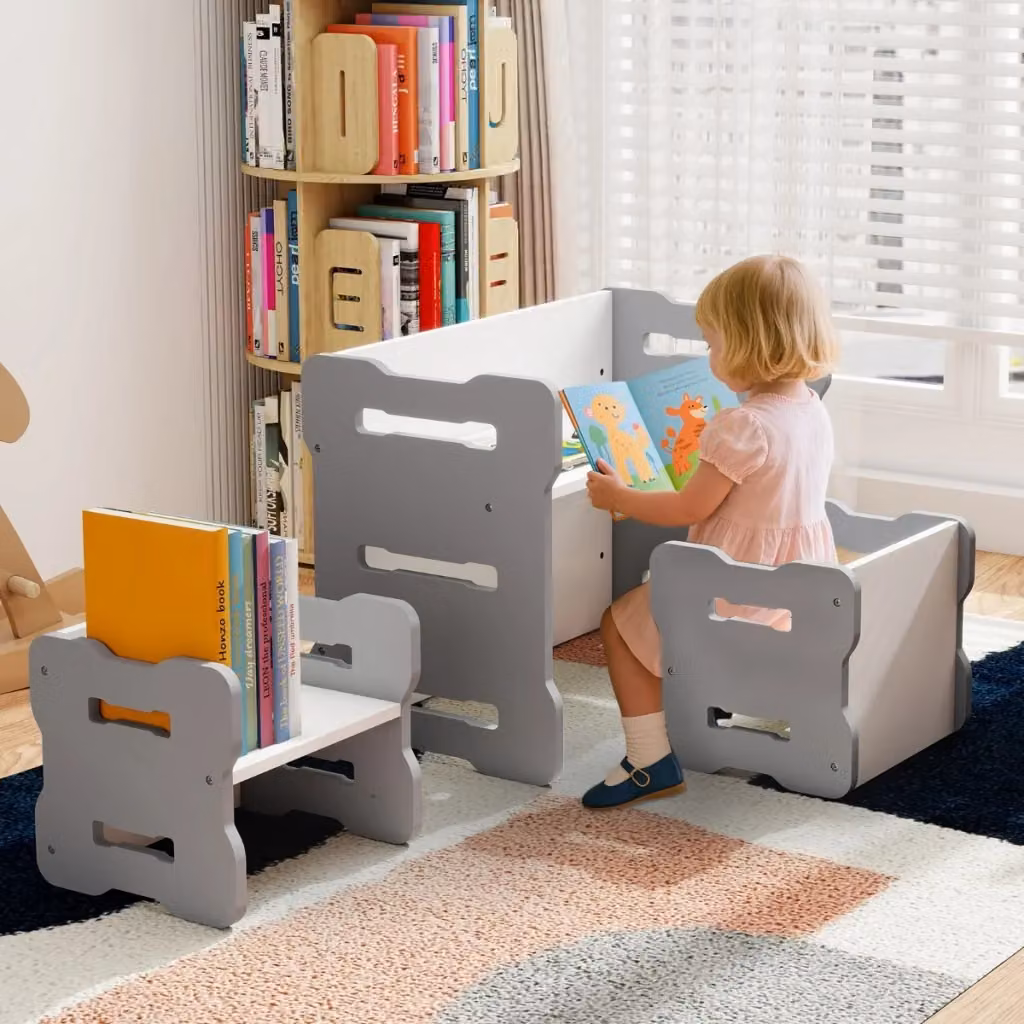 Set tavolo e 2 sgabelli per bambini in MDF, design moderno bianco e grigio – 2