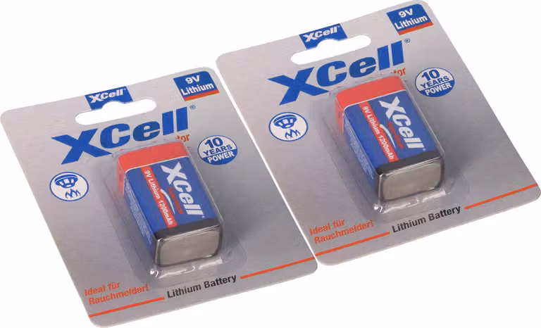 2 batterie al litio XCell X9V-B da 9V, formato blocco, capacità 1200mAh, confezionate in blister - adatte per rilevatori di fumo e sistemi di sicurezza
