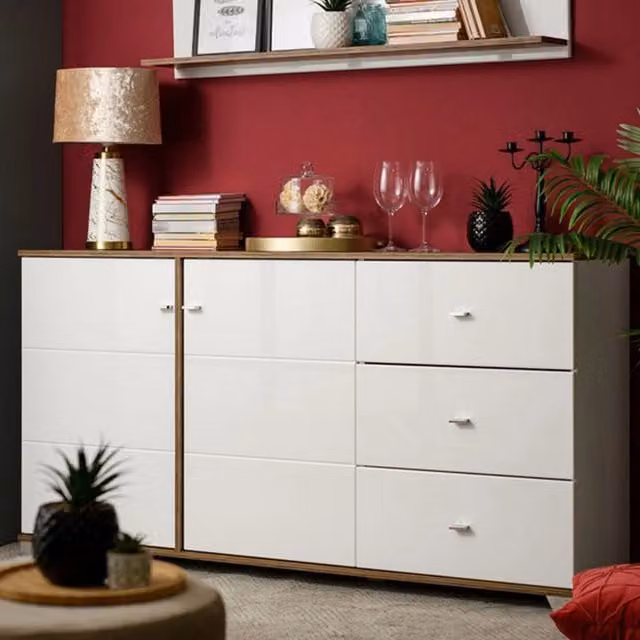 Madia Ete DMORA con 3 cassetti, design moderno, Bianco e Oak, L: 162 cm, P: 40 cm, H: 85 cm