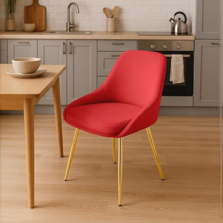 Sedia da pranzo, sedia da sala da pranzo, ampio comfort, struttura in metallo - rivestimento in velluto | Colore: Rosso | Materiale della struttura: Oro metallizzato