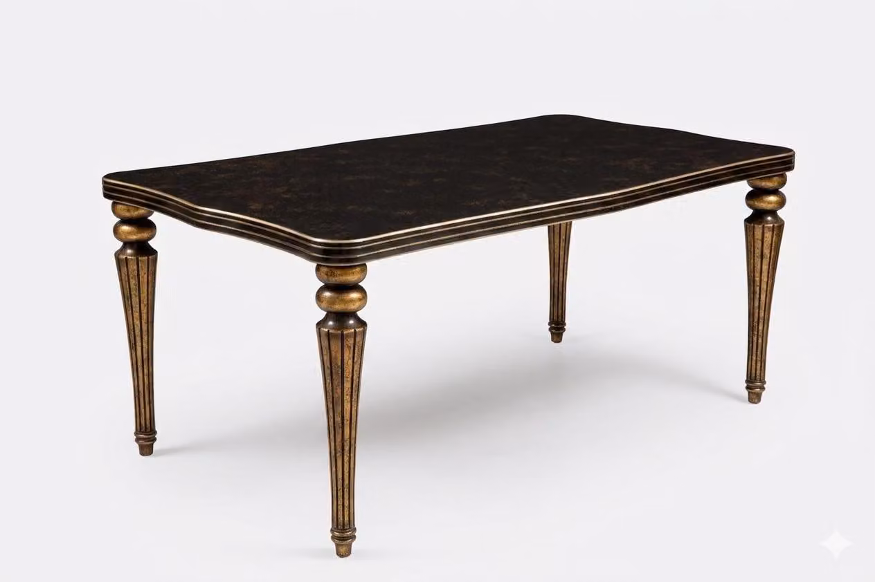 Tavolo da pranzo elegante, di colore scuro, con dettagli dorati, dal design classico e lussuoso
