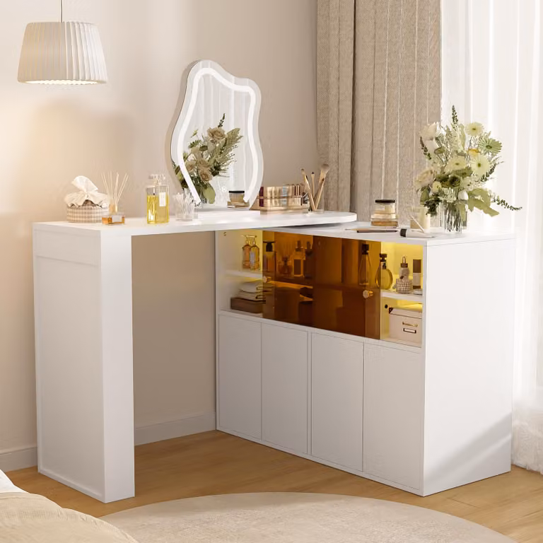 Comò da trucco con specchio, specchio da trucco con rivestimento in ecopelle, comò da trucco con piano girevole, comò da trucco con rivestimento in ecopelle, dimensioni 177x40x131.5, colore bianco
