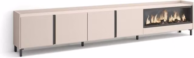Mobile TV Soggiorno, 315x61x35 cm, Per TV fino a 80", Camino elettrico XXL, Design industriale, Beige