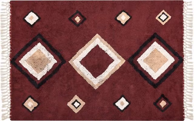 Tappeto Beliani in cotone con motivo a diamante e stile boho rosso L: 230 cm, P: 160 cm