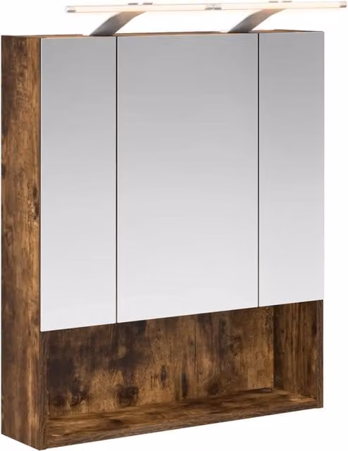 Mobiletto per specchio da bagno moderno in rovere con illuminazione LED e ripiani interni, colore marrone, L: 60 cm, P: 14.5 cm, H: 70 cm – 1