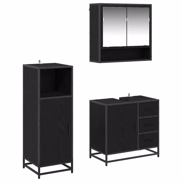 Set di mobili per il bagno moderno vidaXL in 3 pezzi, Rovere e Nero, con armadietto a specchio, mobile lavabo e pensile, L/P/H: 100 x 33 x 56,52 cm