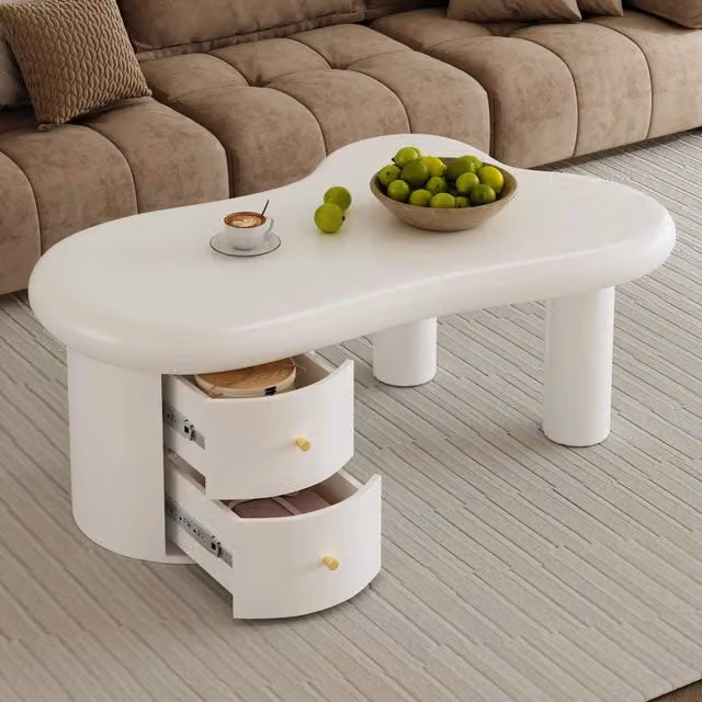 Tavolino da salotto moderno MODFU bianco lucido in MDF con angoli arrotondati L: 97 cm, P: 64 cm, H: 42 cm