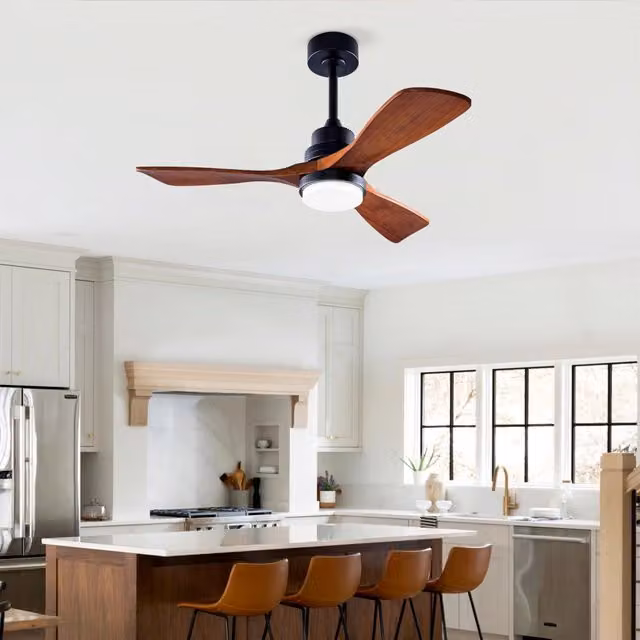Ventilatore da soffitto con luce in metallo e legno nero e noce scuro con motore DC reversibile a 6 velocità, telecomando e timer