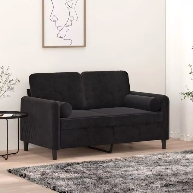 Divano a 2 posti moderno vidaXL in velluto nero con cuscini e coperture rimovibili L: 138 cm, P: 80 cm, H: 77 cm – 1