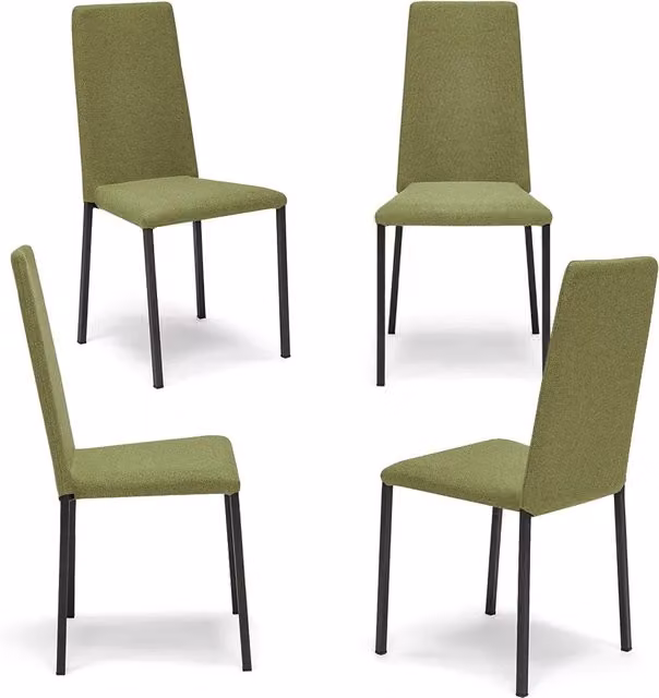 Set 4 sedie imbottita modello BETTY STYLE per interni, design moderno, gambe quadre in metallo, schienale e seduta rivestiti con tessuto morbido al tatto Verde Oliva